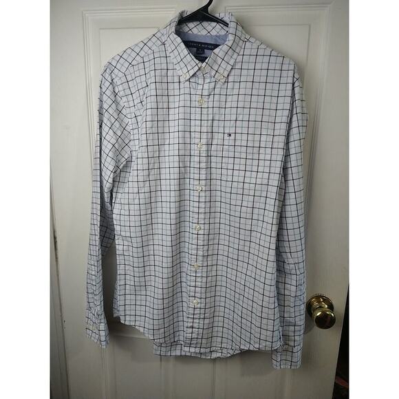 Tommy Hilfiger White Blue Windowpane Long Sleeve Custom Fit Button Shirt. Size M - Picture 1 of 8